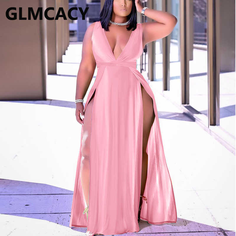 Sleeveless V Neck Maxi Dress Elegant Evening Party High Slit Dresses Vestidos 210702