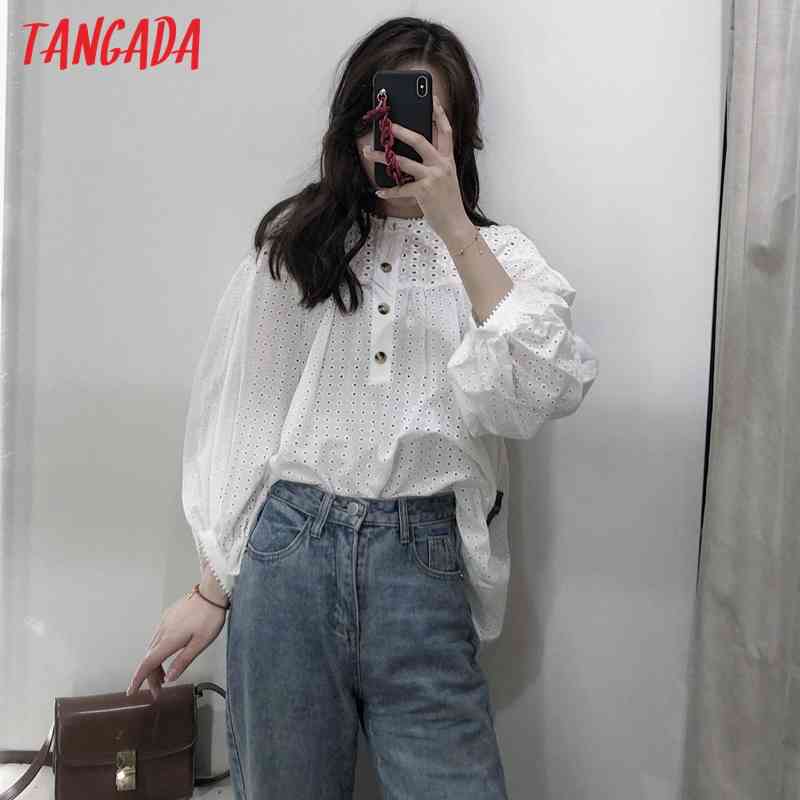 Women Retro Summer Hollow Out Oversized Cotton Romantic Blouse Long Sleeve Chic Female Shirt Tops 3H185 210416