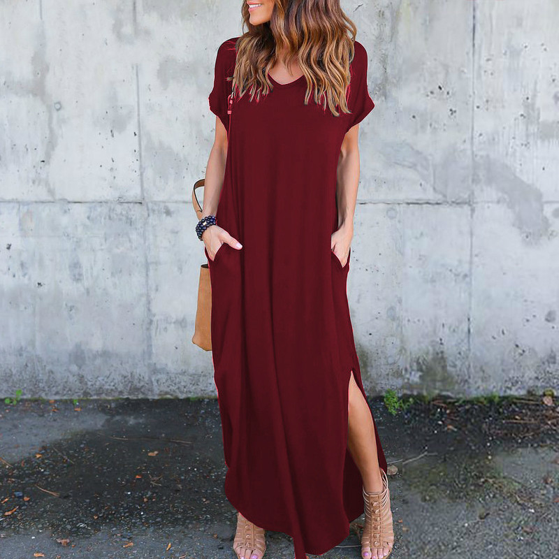 Tataria Women's Casual Loose Pocket Long Dress Short Sleeve es T Shirt Solid Color Vintage V-neck 210428
