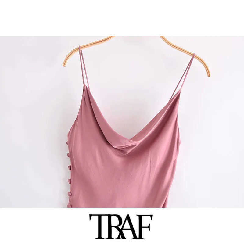TRAF Women Chic Fashion With Buttons Side Slit Midi Camisole Dress Vintage Backless Thin Straps Female Dresses Mujer 210630