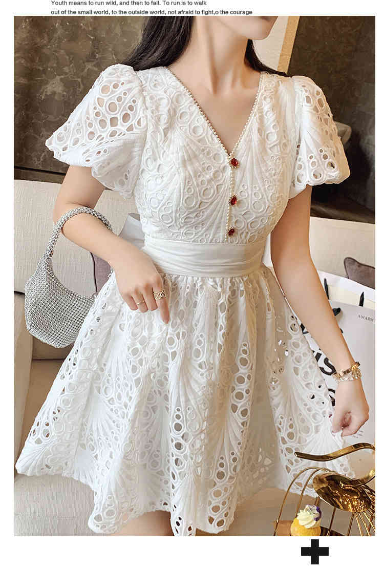 White Lace Hollow out Woman's Dress V-Neck High Waist Puff Sleeve Vestidos Summer Ladies Elegant Vintage Dress Female 210518