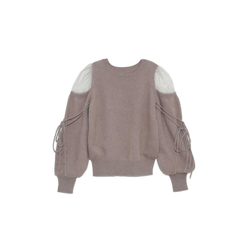 Kuzuwata Sexy Shoulder Strapless Drawstring Voile Patchwork Sweaters Autumn Chic Sweet Knitted Pullovers Japan Style O-neck Tops 211011Z