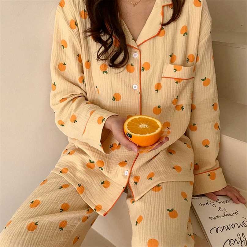 Cotton Home Suits Korean Sleepwear Orange Print Pajamas for Women Autumn Pijama Pyjamas Long Sleeve 2 Piece Set Pjs Drop 211118