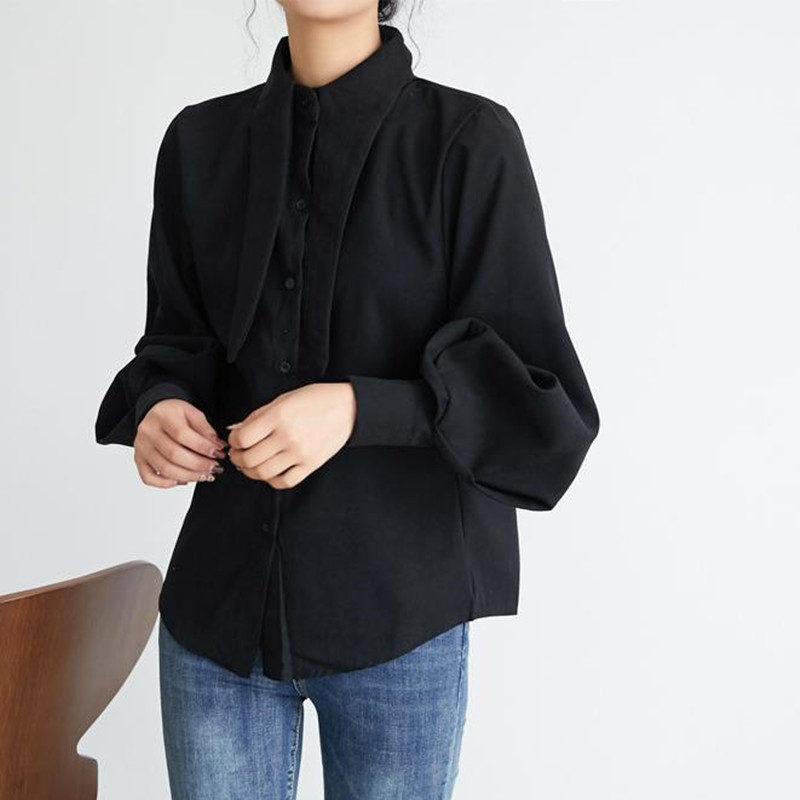 Elegant Vintage OL Shirts Spring Autumn Solid Lantern Sleeve Women Loose Blouses Tops Plus Size 210421