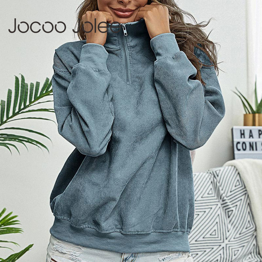 Vintage Corduroy Hoodies Stand Collar Zipper Sweatshirts Streetwear Loose Pullovers Women Autumn Oversized Tops 210428