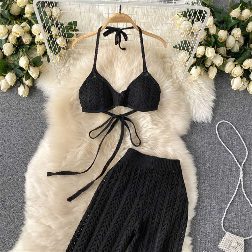 Women Beach Two Pieces Sets Summer Sexy Bikini Bandage Tops Loose Casual Pants Suits Hollow Knitted Outfits Female Clothes 2021 Y0625