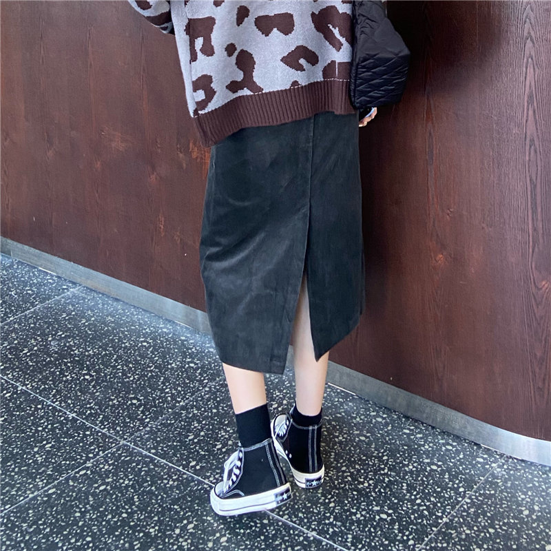 Split Corduroy High Waist Straight Fashion Bottoming Skirt Female OL Elegant Solid Long Skirts Women 210421