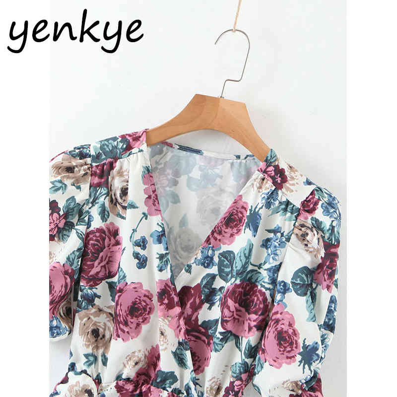Vintage Floral Print Draped Bodycon Dress Women Short Sleeve V Neck Sexy Mini Dress Summer Casual Party vestidos mujer XQB623 210515