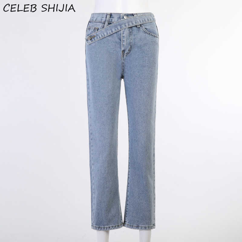 Vintage High Waist Denim Jeans Woman Inclined Belt Light Blue Straight Leg Pants Female Streetwear Chic Y2k for Mom 210809