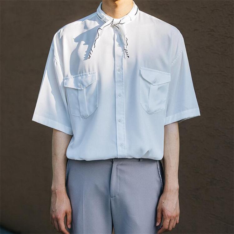 M-4XL 2021 Men's Clothing Hair Stylist GD Fashion Original Summer British Silk Scarf Collar Loose Shirt Plus Size Costumes Casual Shirts