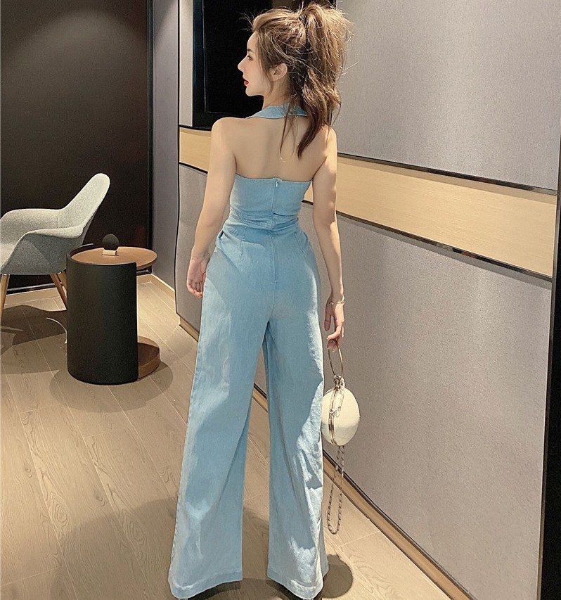 High quality Summer Women Sleeveless Denim Jumpsuit Sexy Deep V Neck Wide Leg Overall Korean Style Button Backless Long Rompers 210519
