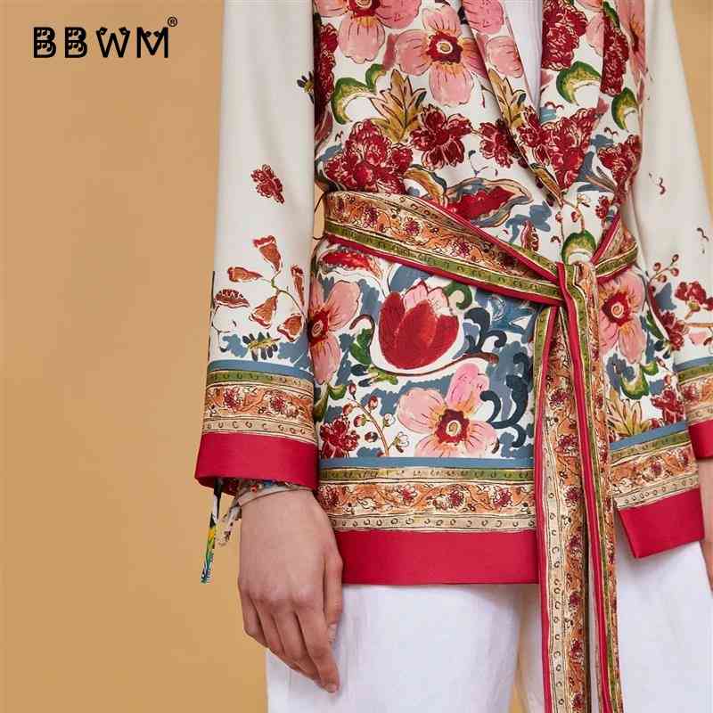 Printed casual suit collar women's jacket spring fashion Belt was thin 210507
