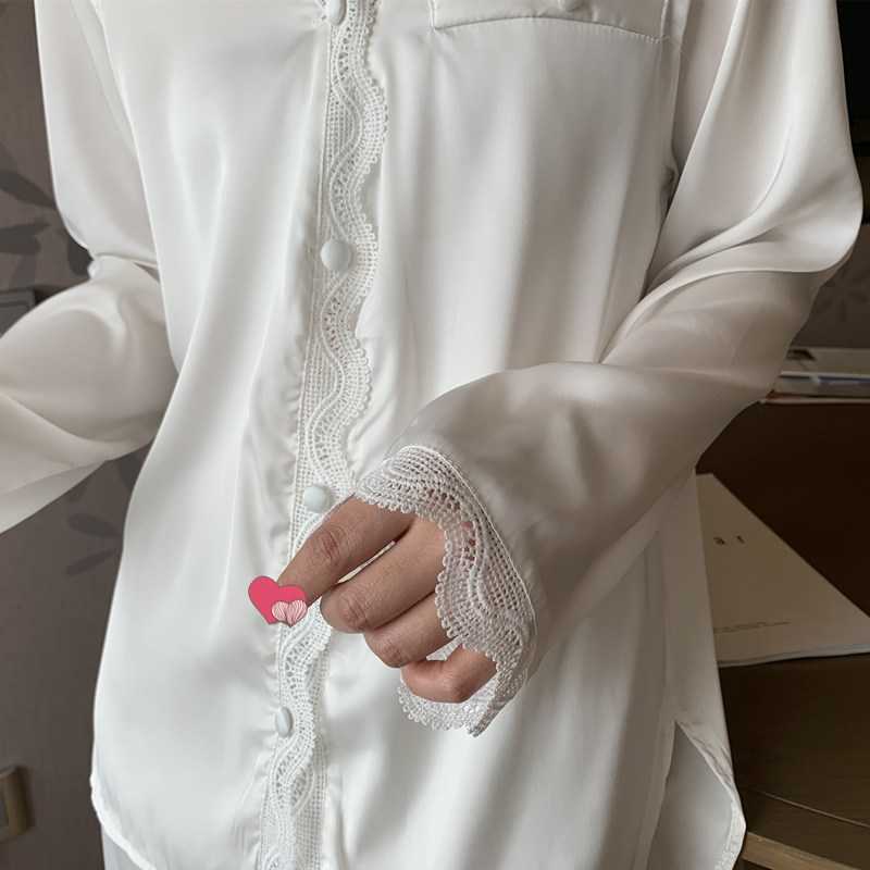 White silk like women's pajamas set autumn long-sleeved nighties style sleepwear set black beautiful home nighty suit 210924