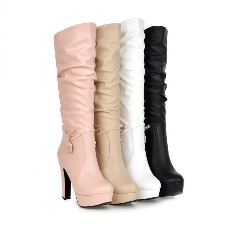 Boots 2021 Fashion High Heel Medium Women's White Thick Autumn And Winter Side Zipper