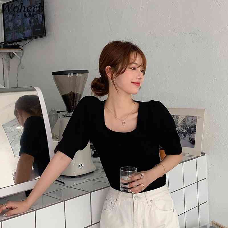 Chic Knitted T-shirt Women Summer Korean Tees Square Neck Puff Sleeve Slim Thin Tops 1 Fashion Sweet Shirts 210519