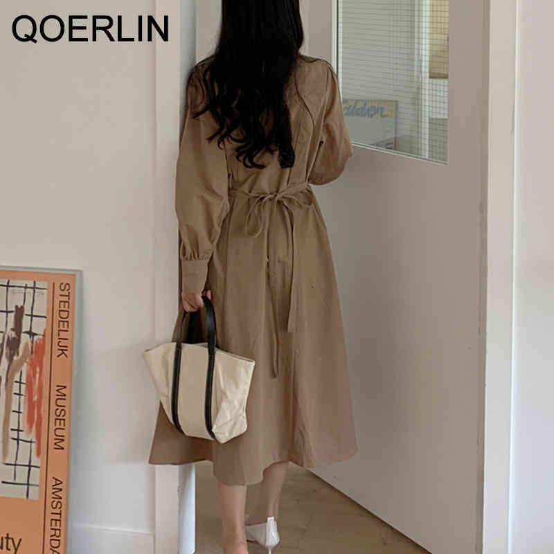 QOERLIN Minimalist Korean Retro Temperament Square Collar Long Sleeve Pleated LaceUp High Waist Dress Office Elegant Maxi Dress 210412