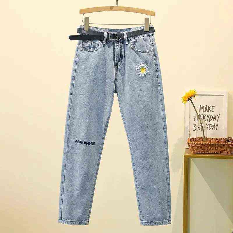 Daisy Embroidery Denim Jean Women High Waist Jeans Plus Size Denim Harem Trousers Mujer Vintage Casual Jeans Straight Women Pant 211112