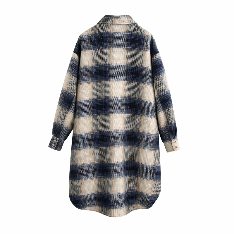 fashion plaid women long shirts autumn casual pockets ladies blouses loose button-fly wool coats girls chic shirt 210430