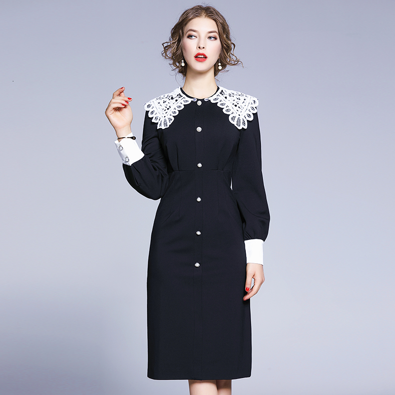 Comelsexy Womens Vintage Slim Dress Autumn Females Fashion Collar Lace Splicing Medium Long Buttock Dresses Vestidos 210515