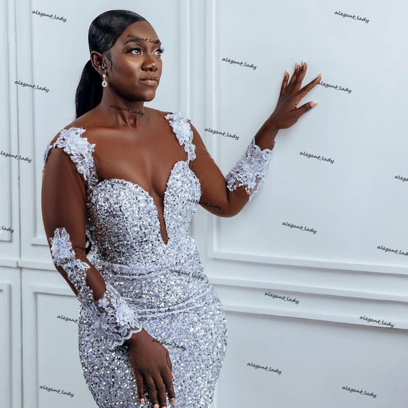 Brilliant Sequin Mermaid Evening Dresses O Neck Long Sleeve Appliques African Plus Size Sweetheart Backless Prom Dress Wear