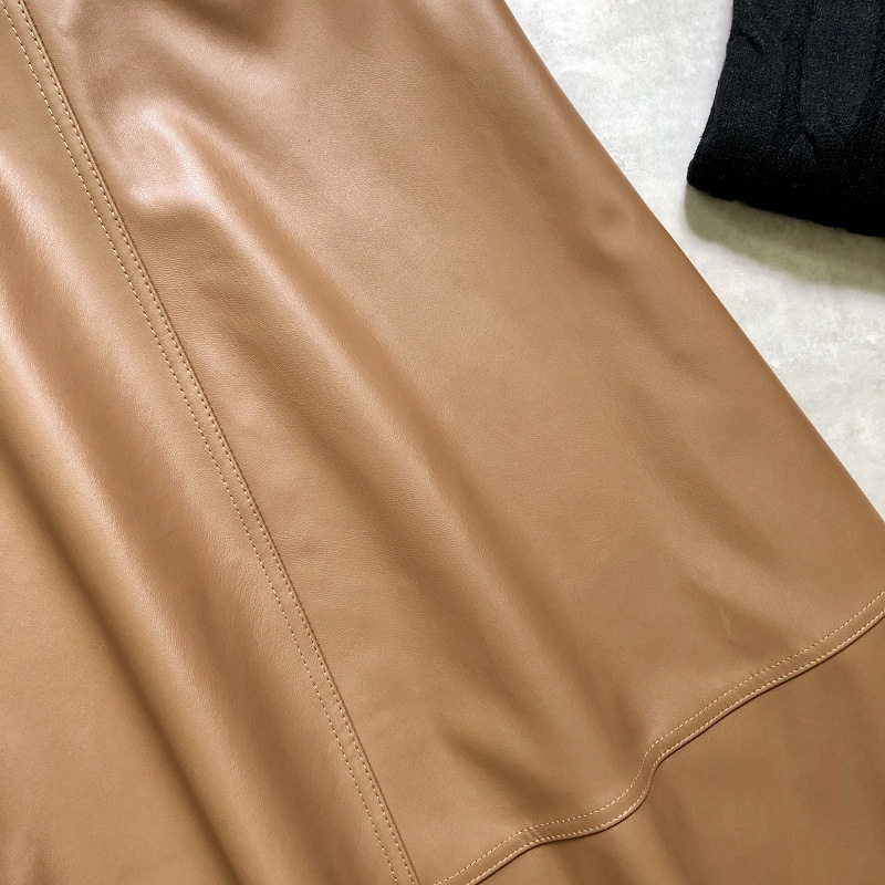 Autumn Winter Pu Leather Skirt Metal Splicing A- line womens within belt midi PU Long Women 210508