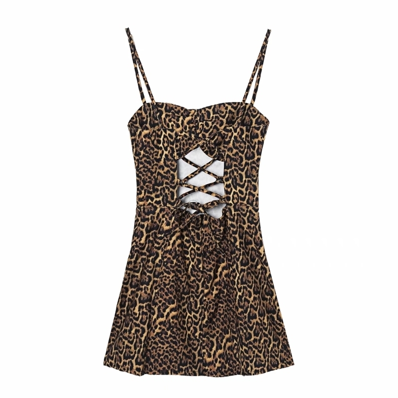 Women Leopard Print Backless Suspender Mini Dress Female Loose Clothes Casual Lady Vestido D6735 210430