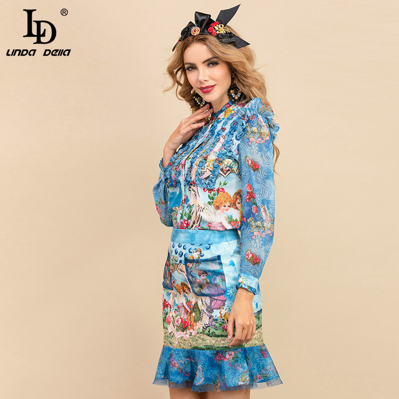 Autumn Fashion Runway Short Skirt Sets Women's Long sleeve Print Shirt and Slim Mermaid Skirts Two Piece Suit 210522