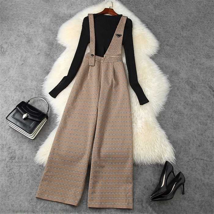 2020 Fall Autumn Long Sleeve Round Neck Black / Gray Knitted Top + Overalls Suspender Trousers Pants Two Piece 2 Pieces Set LAG2511216