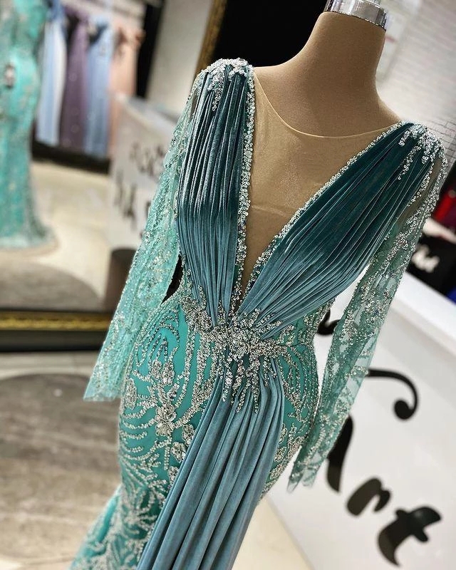 Veet Mermaid Arabic Prom Dresses Beading Sequined Pleats Long Sleeve Formal Evening Gowns Robe De Soiree