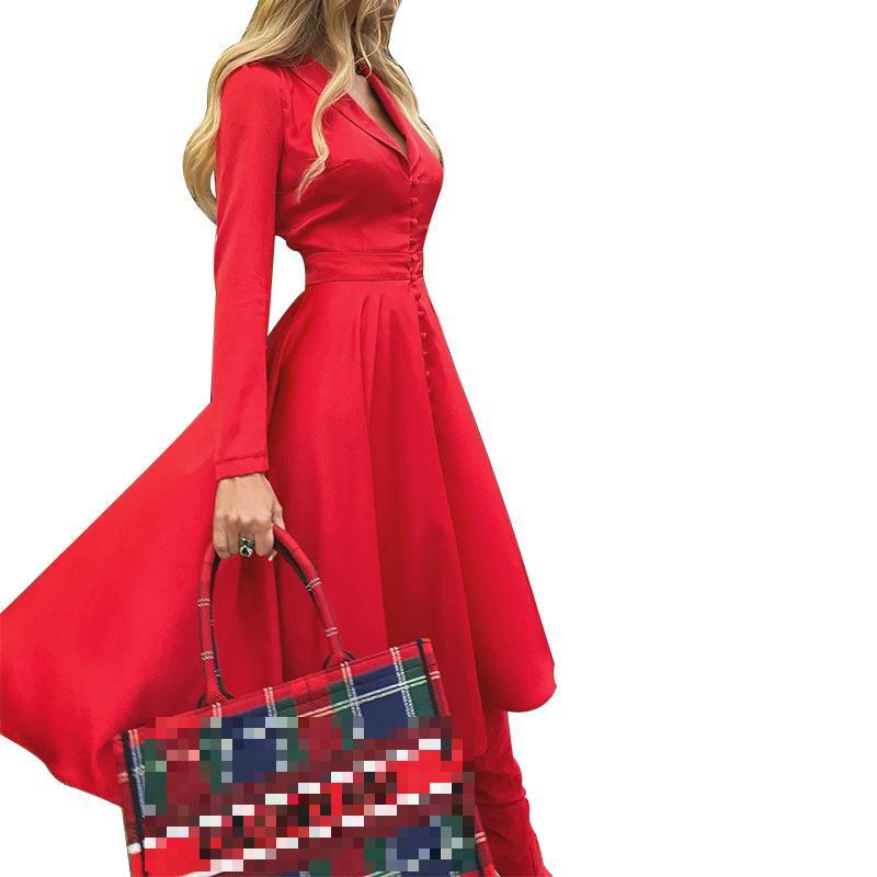 Women Dress Temperament Vintage Dresses V Neck Single Breasted Ladies High Waist Large Swing Long 210524