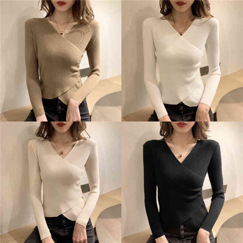 Autumn Women Cross V-neck Full Sleeve Pullovers Sweaters Girls Knitted Knitwear Side Buttons Sweater Crop Tops For Female 11784 210415