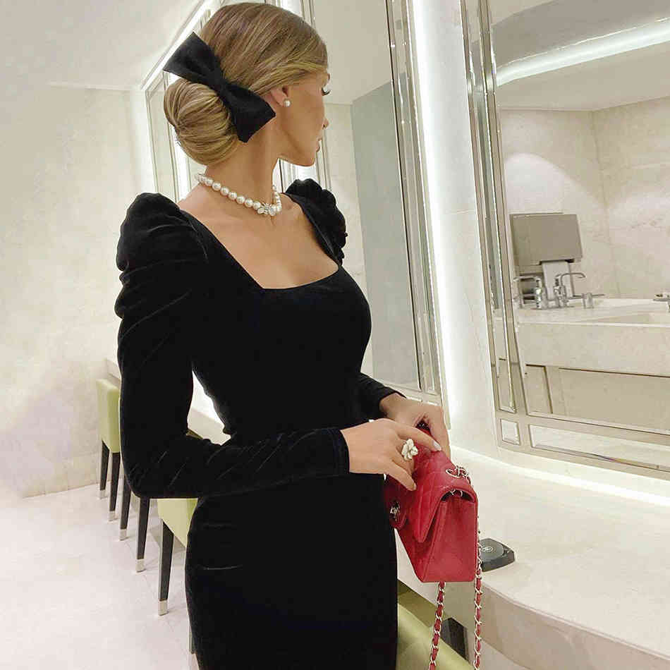 Free Women's Black Velvet Dress Elegant Square Neck Bubble Long Sleeve Bodycon Midi Club Party Vestidos 210524