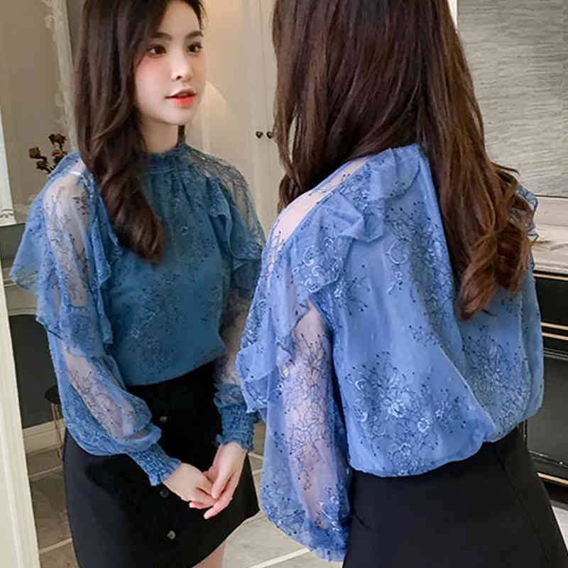 Women Blouse Lace Shirt Autumn Long Sleeves Transparent Hollow Out Flower embroidery Female Tops Blusa 603J 210420