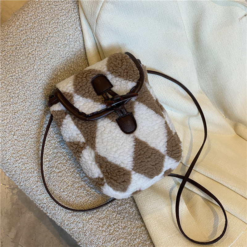 Women Crossbody Bag Checkerboard Lamb Wool Bag Female Handbags Casual Simple Design Mobile Phone Small Square Bag