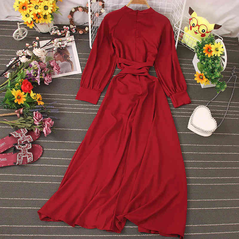 Autumn Winter Vintage Solid Full Dress A Line O Neck With Belt High Waist Slim Mid-Calf Women Dress 210521