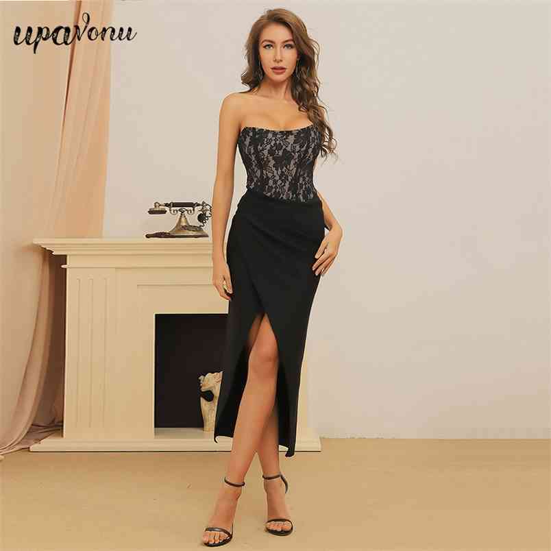 Free Women Midi Bandage Dress Sexy Wrapped Chest Sleeveless Halter Bodycon Split Lace Club Party Vestido 210524
