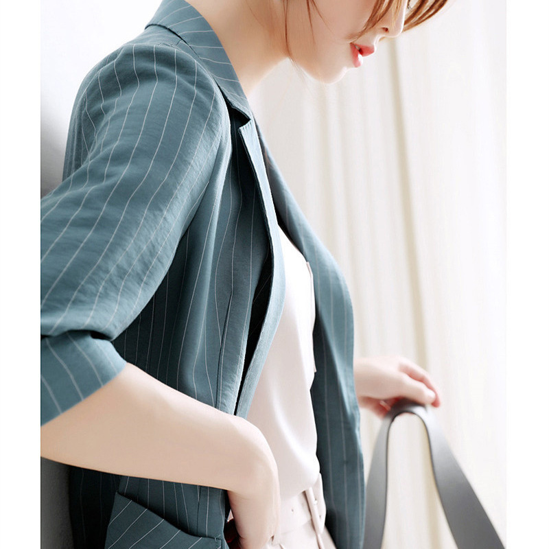 Spring Elegant Office Lady Silm Blazers Fashion Fresh Turquoise Striped Women Coats Casual Loose Soft Woman Jacket 210525