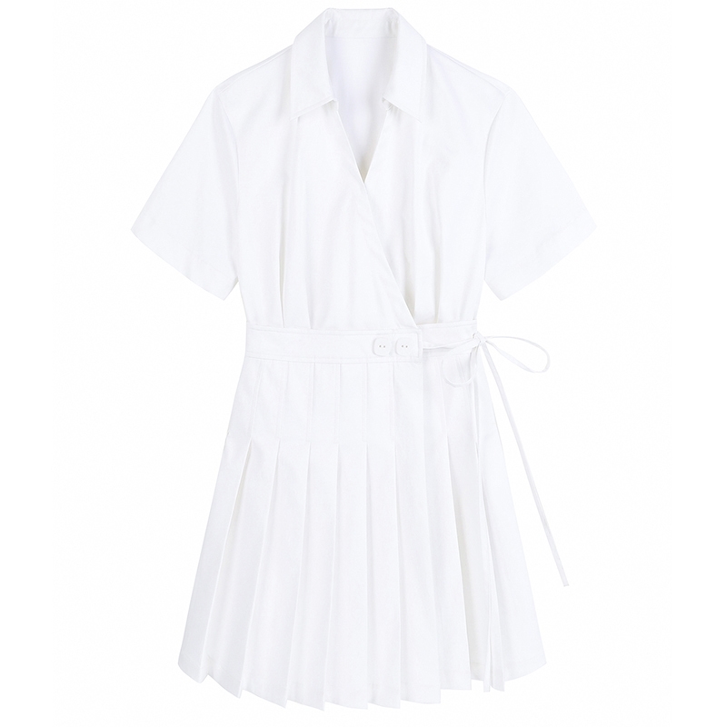 [EAM] Women White Bandage Pleated Big Size Shirt Dress Lapel Short Sleeve Loose Fit Fashion Spring Summer 1DD8955 210512