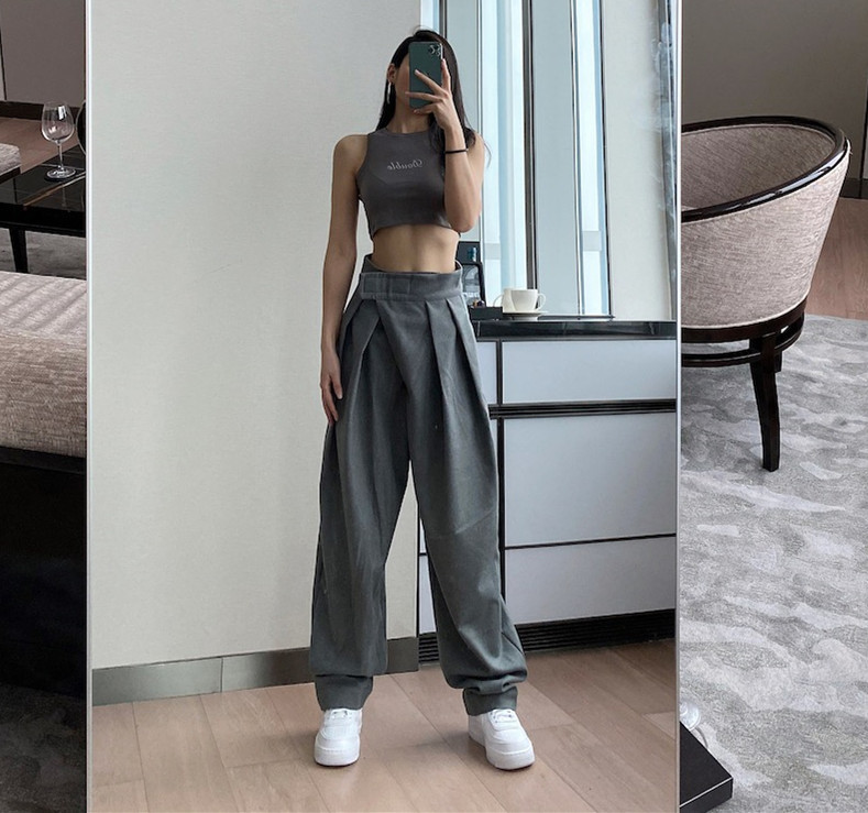 High Waist Woolen Loose Wide Hip Hop Pants Cool Girl Pleated Ruched Sports Trousers Women Joggers Streetwear Leisure 210429
