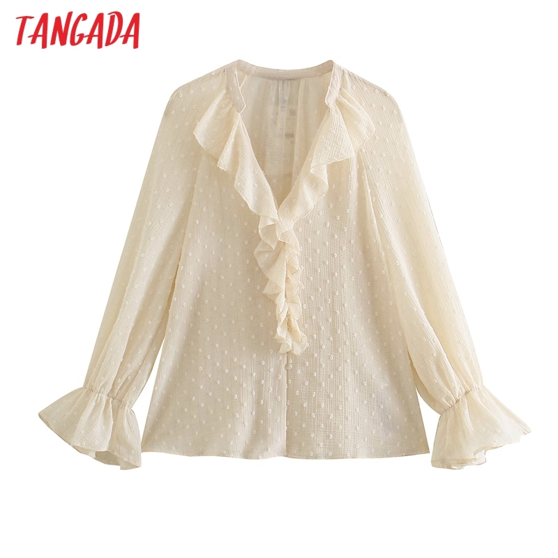 Women French Style Dots Beige Ruffled Chiffon Blouses Vintage Long Sleeve Elastic Cuffs Female Shirts Blusas BE462 210416