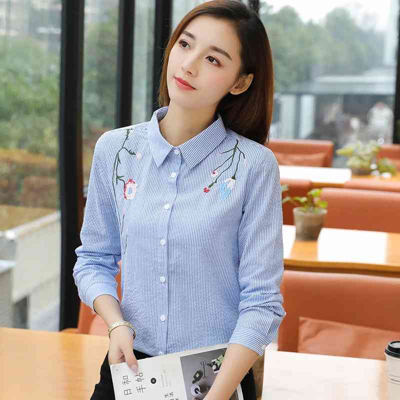 fashion stripe office lady shirt women blouse long sleeve embroidery tops plus size 's clothing blusas D853 30 210506