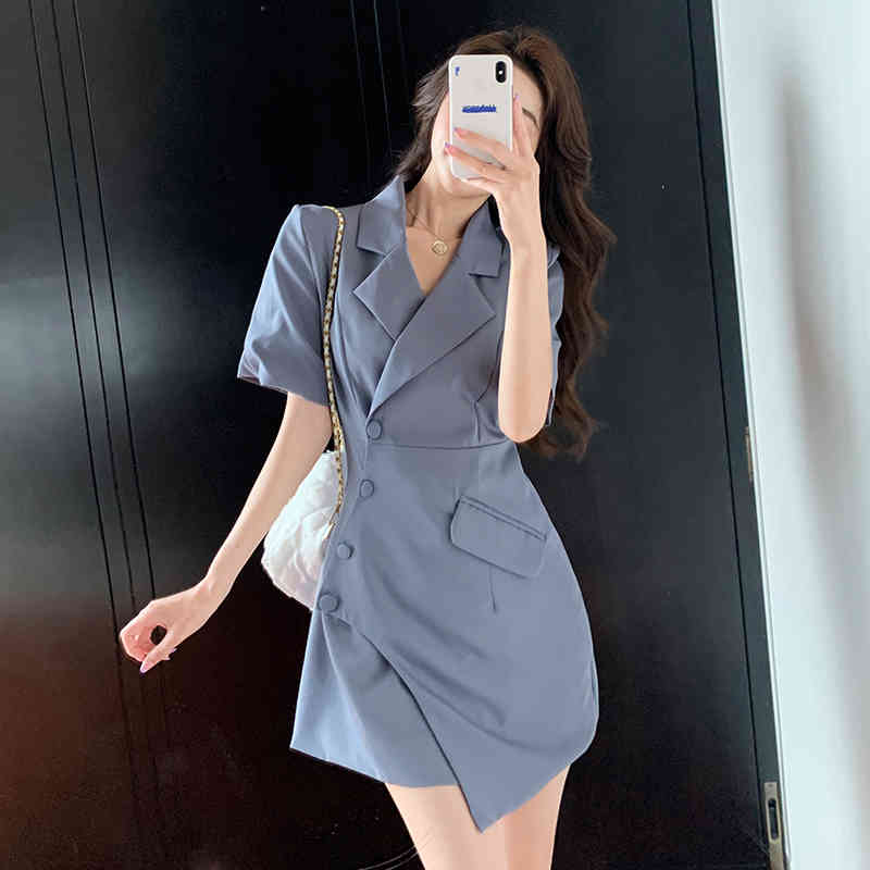 Women's Blazer Dress Korean Style Summer Fashion Elegant Office Lady Notched Short Sleeve High Waist Slim Dress 210518