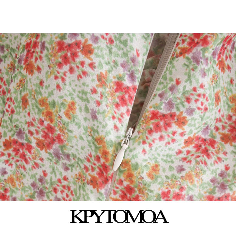 Women Chic Fashion Floral Print Pleated Midi Dress Puff Sleeve Back Zipper Female Dresses Vestidos Mujer 210420