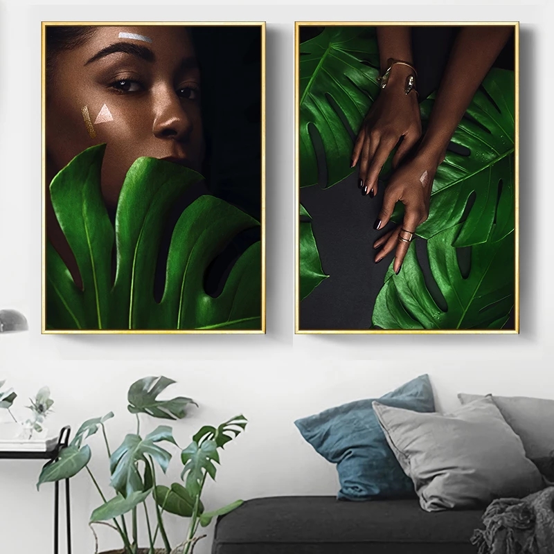 Gold Black Woman Green Leaf Canvas Painting Sexy Fashion Art Poster and Print Wall Picture Modern Home Living Room Decoration