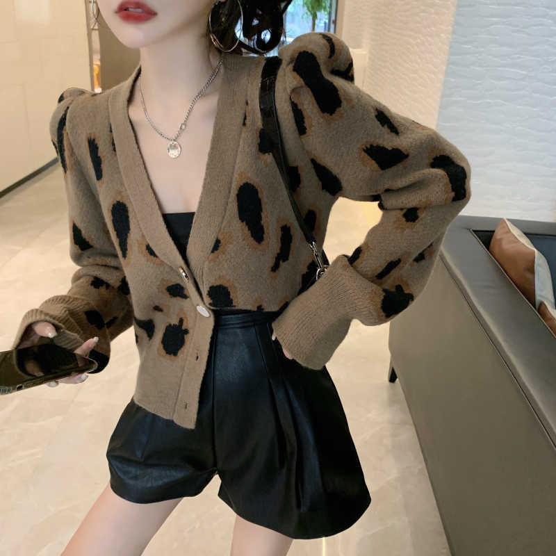 Nomikuma Vintage Leopard Knitted Cardigan Coat Causal Puff Long Sleeve V-neck Sweater Women Knitwear Jacket 6D728 211011Z