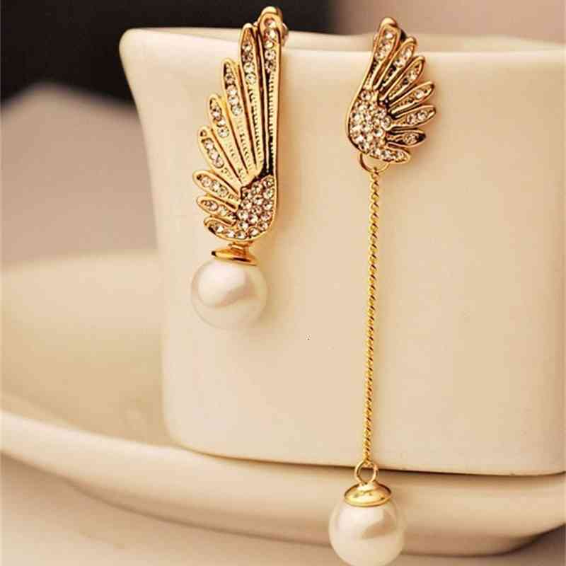 Charms Ear Stud Clip Rings Japan and South Korea Jewelry Angel Wings Pearl Asymmetric Long Tassel Rhinestone Female