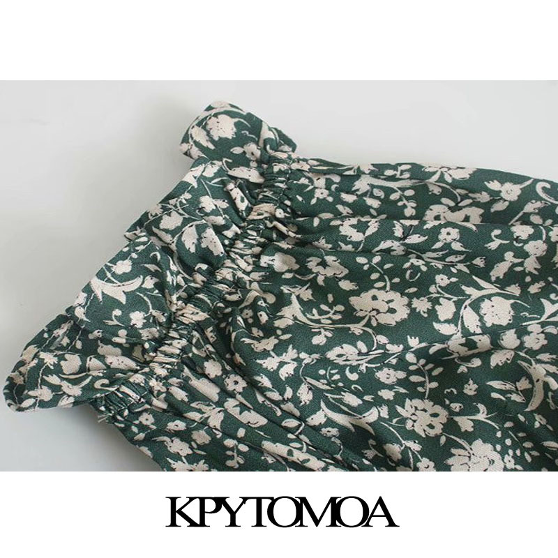 Women Chic Fashion Floral Print Gathered Midi Dress Short Ruffled Sleeves Back Zipper Female Dresses Mujer 210420