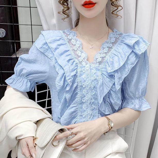 Women' Blouses & Shirts 2021 Summer Women Lace Ruffles V-neck Blouse Ladies Solid Color Tops Pullovers Elegant Loose Short Puff Sleeve, Blue
Women' Blouses & Shirts 2021 Summer Women Lace Ruffles V-neck Blouse Ladies Solid Color Tops Pullovers Elegant Loose Short Puff Sleeve, Blue