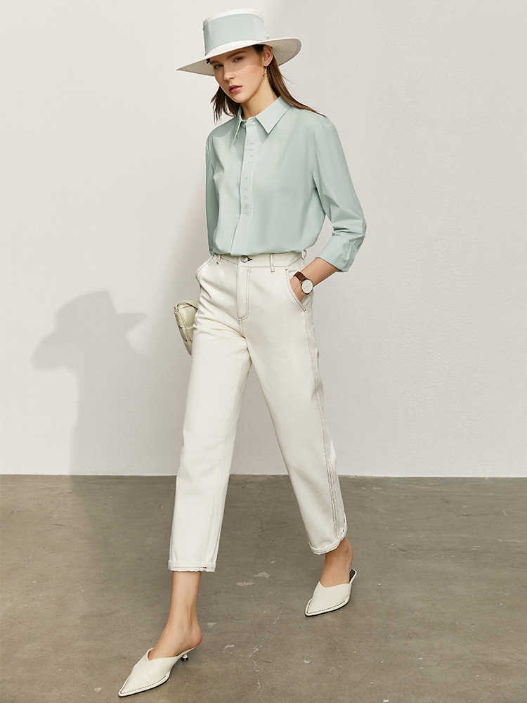 Minimalism Summer Women's Shirt Offical Lady 100%cotton Letter Embroidery Lapel Loose Blouse Tops 12130199 210527