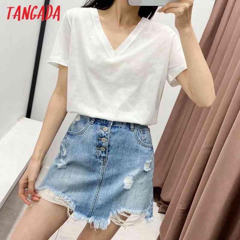 Women Basic V Neck Cotton White T Short Sleeve Tees Ladies Casual Tee Shirt Street Wear Top 2R33 210416